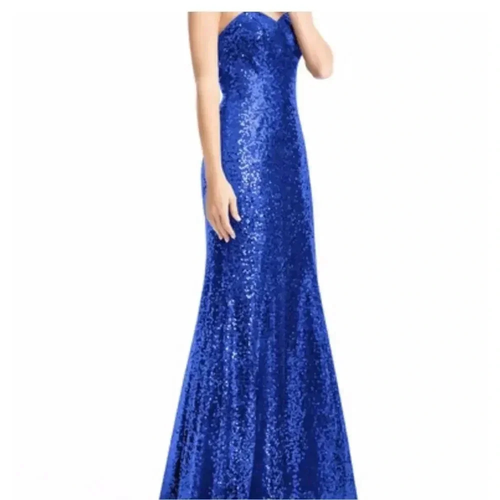 Azazie Blue Sleeveless Full Length Sequin Maxi Dress Size A8